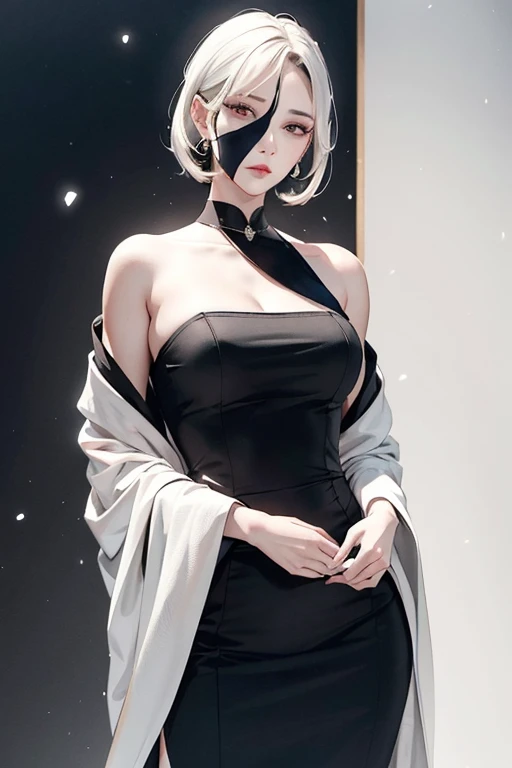 Masterpiece, Superb 1 Woman, Long Black Dress, Ink Painting, Mature Woman, Woman with Short Silver and White Hair, Hair Over Shoulder, Pale Pink Lips, Indifference, Seriousness, Bangs, Assassin, White Clothes, Facial Details, Correct Proportions, This painting was created in the Guweiz style and depicts an oil painting of a woman with short hair. The entire painting features a palette of white and black. The woman's face is very realistic female faces, which are loved by the audience. Presented in a meticulous drawing style. The women's white hair is like snow, the eyes seem to be full of watery red eyes, exuding a mysterious atmosphere, the women are dressed in elegant and exquisite clothing, and the whole painting shows a high degree of skill.