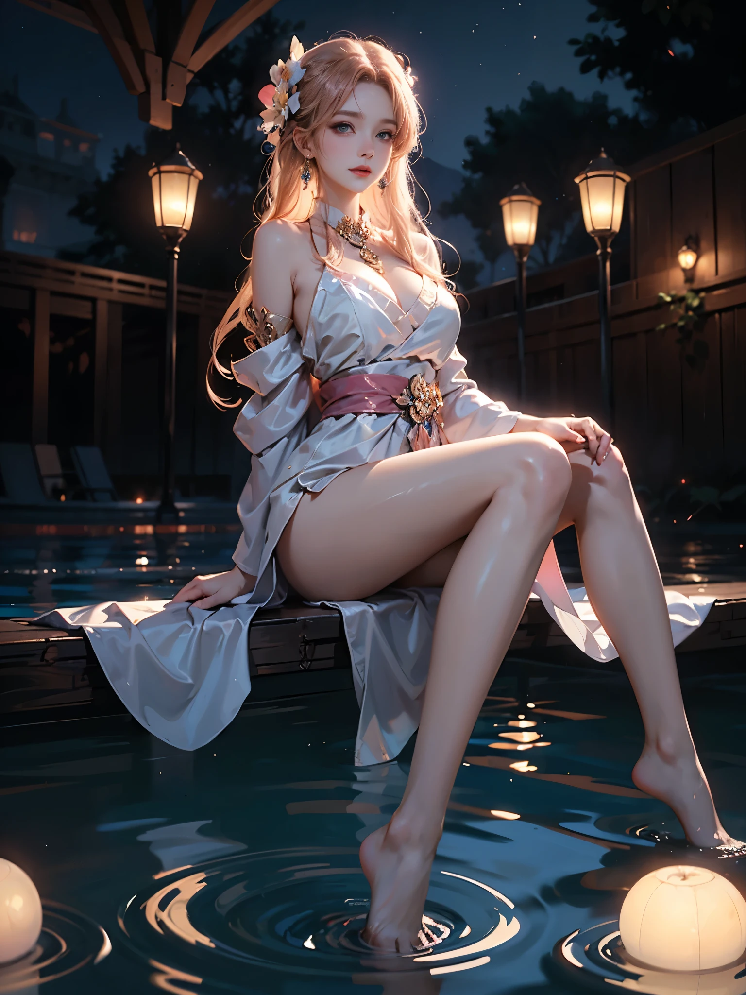  detailed beautiful face and eyes, rouge at the outer corner of the eye, lipstick, 1 girl ,white hanfu,(((fullbody,looking at viewer))),(zettai_ryoiki),blonde wavy long hair precious hair ornament,glowing flowers creeping up neck, ear piercing with chain,  e-cup chests,slender body,collarbone, close shot, oil painting, 