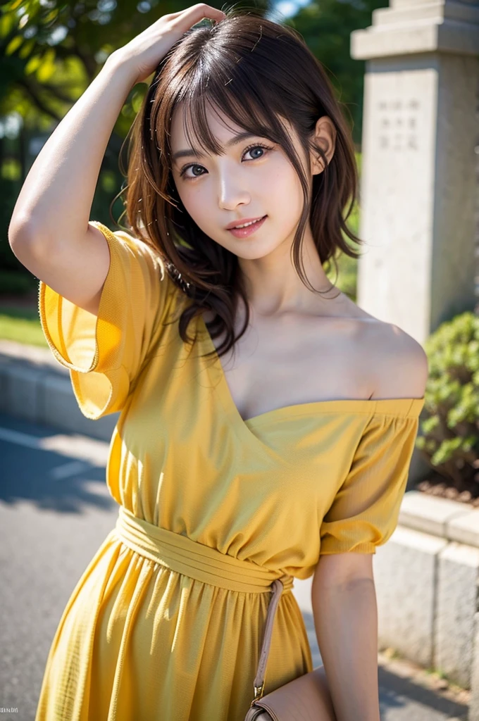 laughing out loud,(knee shot), 1 girl, On the face, light brown hair, blunt bangs, hair behind ears, Hair over the shoulders, long hair, Slender body type, Super thin face, face slimming, delicate lips, beautiful eyes, Thin blush, Eyes are light brown,Check it out here, (realistic:1.3), Standing next to a Japanese street, 8k, , Super detailed, high quality, best quality, High resolution, Full breasts, 3, , araffe sitting on a bench in a yellow dress, wearing a yellow dress, 🐿🍸🍋, lady using yellow dress, with yellow cloths, Tzuyu from Twice, Bae Suzy, yellow hue, wavy hair yellow theme, (((yellow))), Cute and elegant pose, orange yellow ethereal, beautiful yellow woman, Bandeau dress,