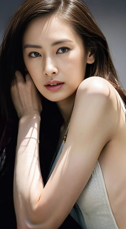 Best quality,masterpiece,ultra high res,(photorealistic:1.2),1girl,low key,slim body,undone hair,dynamic pose,face closeup,medium breasts,brown hair,