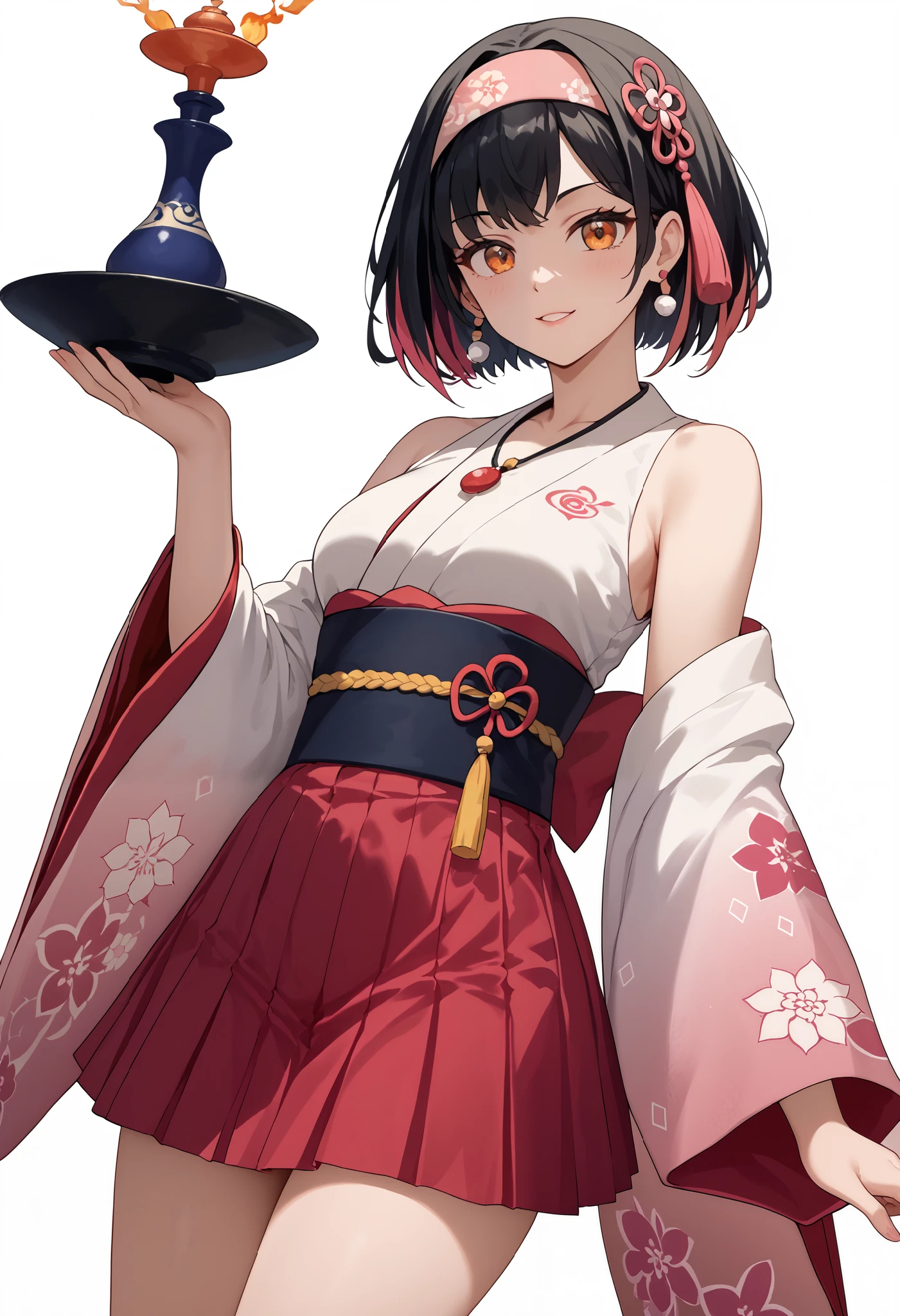 1 Girl, big , Small waist, Small hips, slim thighs, Incense carnation , black hair,  short hair,  orange eyes,  necklace, bare shoulders, Rift,, skinny, From the costume matching of the characters in the picture，Main highlights are as follows： medium breasts ，big 
 
1. Color matching：The main kimono jacket is bright and soft，搭配 red发带、Pink inner wear and dark pink skirt，Forming a warm color layered combination。As the main color, it lays a gentle tone， red、Pink embellishment adds liveliness，Color contrast and visual comfort。
 
2. Clothing elements：The traditional kimono style retains the classical charm， short hair与发带设计融入现代萌系风格，Combination of tradition and fashion，It has the elegance of traditional Japanese clothing，Using simple hairstyles、Cute accessories enhance the cute girlish feeling。
 
3. detailed decoration：The patterns on the kimono（Such as the blue and white logo on the chest）、The simple symbols of the headband，Adding a sense of design to the overall shape，Avoiding the monotony of pure color matching，Make the details richer。
 
The overall style tends to be "traditional cute"，Through color、Clothing elements与细节的协调，Creating a visual effect that is cute and traditional。