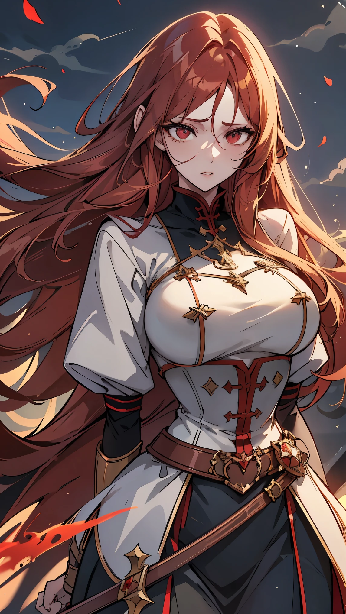red hair, hair behind ear, long hair, floating hair, bloodshot eyes, Baroque, cinematic lighting, bust chart, retina, (high quality), ccurate, ((best quality)), perfect detail, 16k, medieval knight, silver gloves, silver armor, great sword, dust flying,