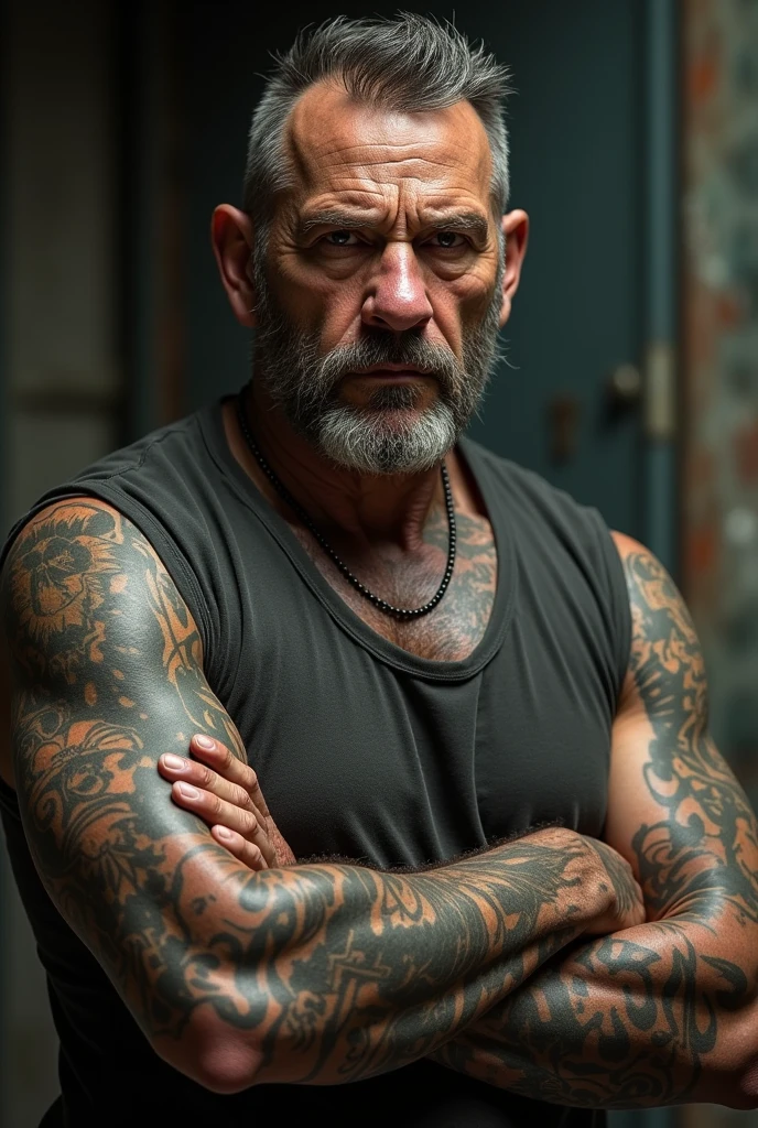 a 60 years old man tied with a chains on wall of prison, upper down view, shirtless, scars on body, tired, closing eyes