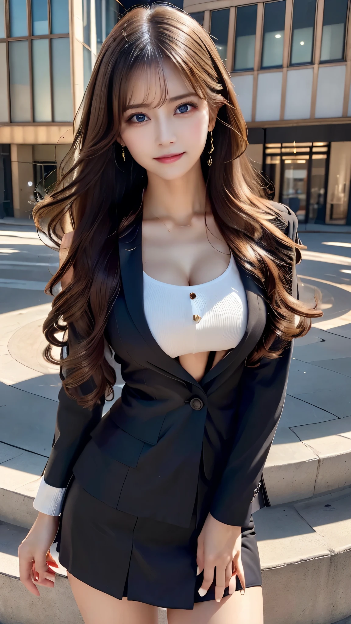 ((photorealistic)),((realistic)),((super high resolution)),((8K image)),( beautiful lighting arranged in an orderly manner),((Adult long hair:1.3)),((City Backgrounds:1.1)),((23 years old)),((Very beautiful and perfect body:1.2)),((A perfect and beautiful smile:1.3)),((detailed and beautiful skin)),((perfect and beautiful fingers:1.1)),((perfect anatomy:1.3)),((Beautiful E-cup breasts)),( beautiful waist),(big and toned hips),beautiful perfect face,A perfect and sharp gaze,( detailed and perfect big eyes),((office lady)),((Secretary style suit:1.3)),((miniskirt)),random pose