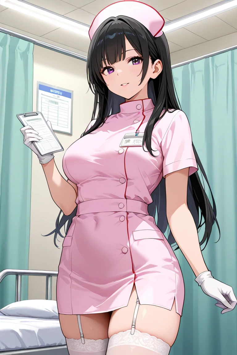 1woman, solo, nurse, white nurse cap, white nurse uniform, ((white legwear, zettai ryouiki)), white gloves, long hair, purple hair, red eyes, pink lips, smile, standing, ((hospital room)), sharp outline, short sleeves, mature female, 35 years old, best quality, masterpiece