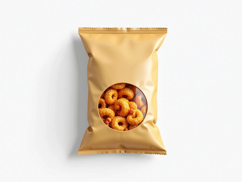 a small bag-type packaging for food with nothing inside made of biodegradable and environmentally friendly kraft paper with a small transparent plastic sheet that allows you to see what is inside, with an orange background and a gradient in shades of green and light green and a small plant, and a plate with some Spanish style churros with sugar on top near the bag. a real and very perfect photograph