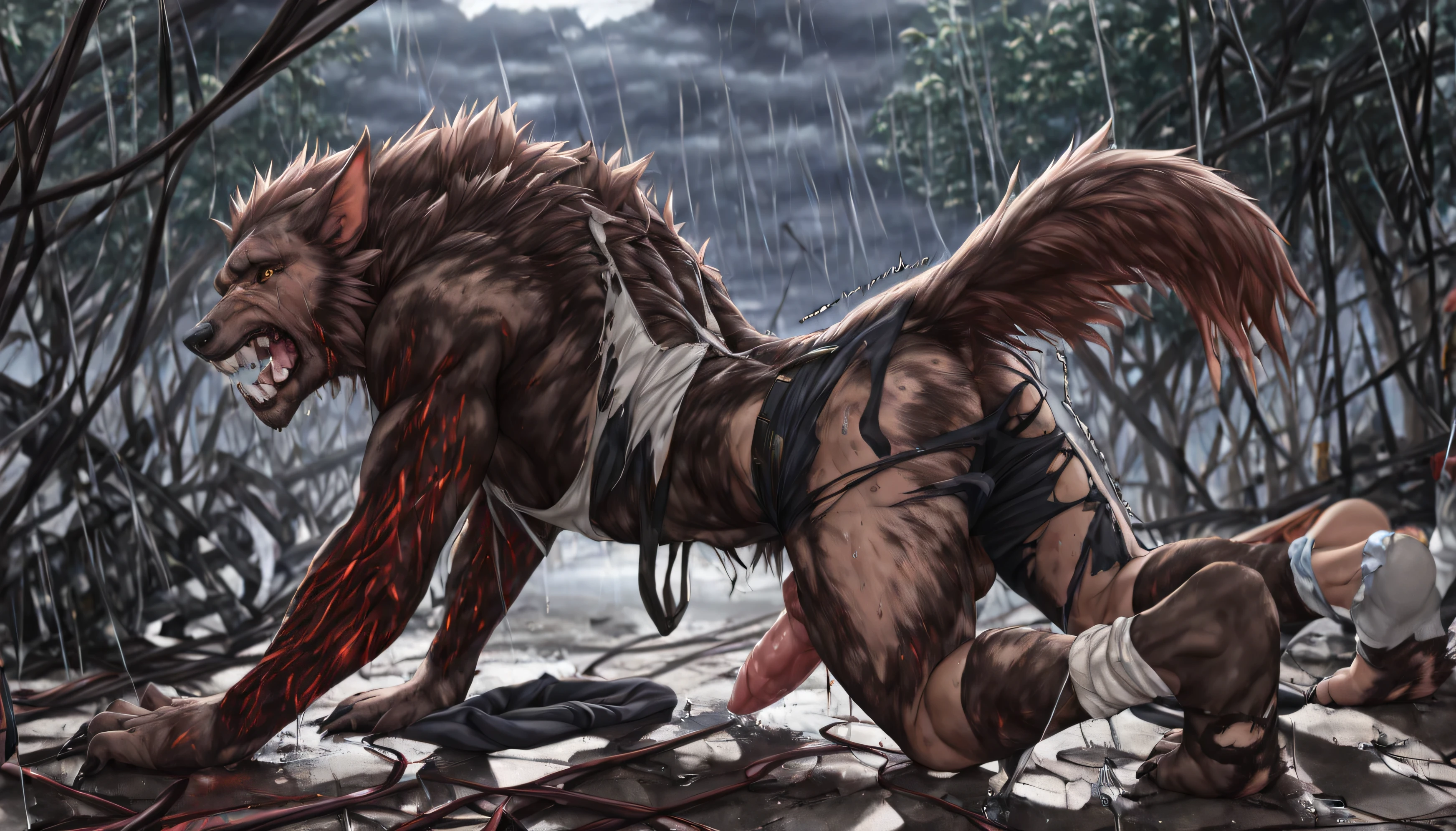 Backside, shot from back:1.2, human skin:1.4, wet,  human:0.8, Werewolf transformation, mid morfing, [werewolf: human:0.7], [arms: paws:0.6], [grey human skin: fur: 0.4], dark grey skin, detailed fur, gradual fur, spread, shaking:1.1, crying, sweating, in pain:0.8, scared:0.8, shaking, confused:0.8, torn clothes:1.1, thick fingers through, torn socks, nsfw:1.3, dick, ((darkness:1.3, dramatic moonlight, deep night, night)), abandoned yard, forest:0.8, rain:1.1 fire, burn, scraps around, clothes scraps,((Ultra-detailed, Realistic, realistic, ultra-realistic:1.37), 4k, 8k, RAW, HDR, UHD, Canon EOS P3, Canon EOS R3, 85mm f/1.4, 15mm, 35mm, 80mm, f2.8, high resolution, hd, full colour, 4k, high definition, 3 point lighting, sharp focus, smooth, Professional, cinematic, extreme detail, (high detail:1.4) description, masterpiece, deep shades:1.2, best quality,))