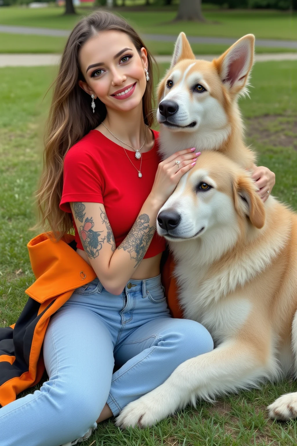 (( A beautiful and  woman with a perfect body, , a slim waist, and perfect abs wearing a red and white t-shirt,I have various types of tattoos on my body,A diamond necklace, a diamond earring, and a bright smile),wears a black and white shirt, an orange and black coat, tight light blue pants, and white high heels), sitting on the floor and touching a giant dog,It's a park where you can see lots of grass and lots of dogs., (Fantasy Style,anatomically accurate, Exquisite Details,  8K resolution , Adequate lighting, professional level, Harmonious colors , Harmonious Atmosphere,top quality, Highest image quality)