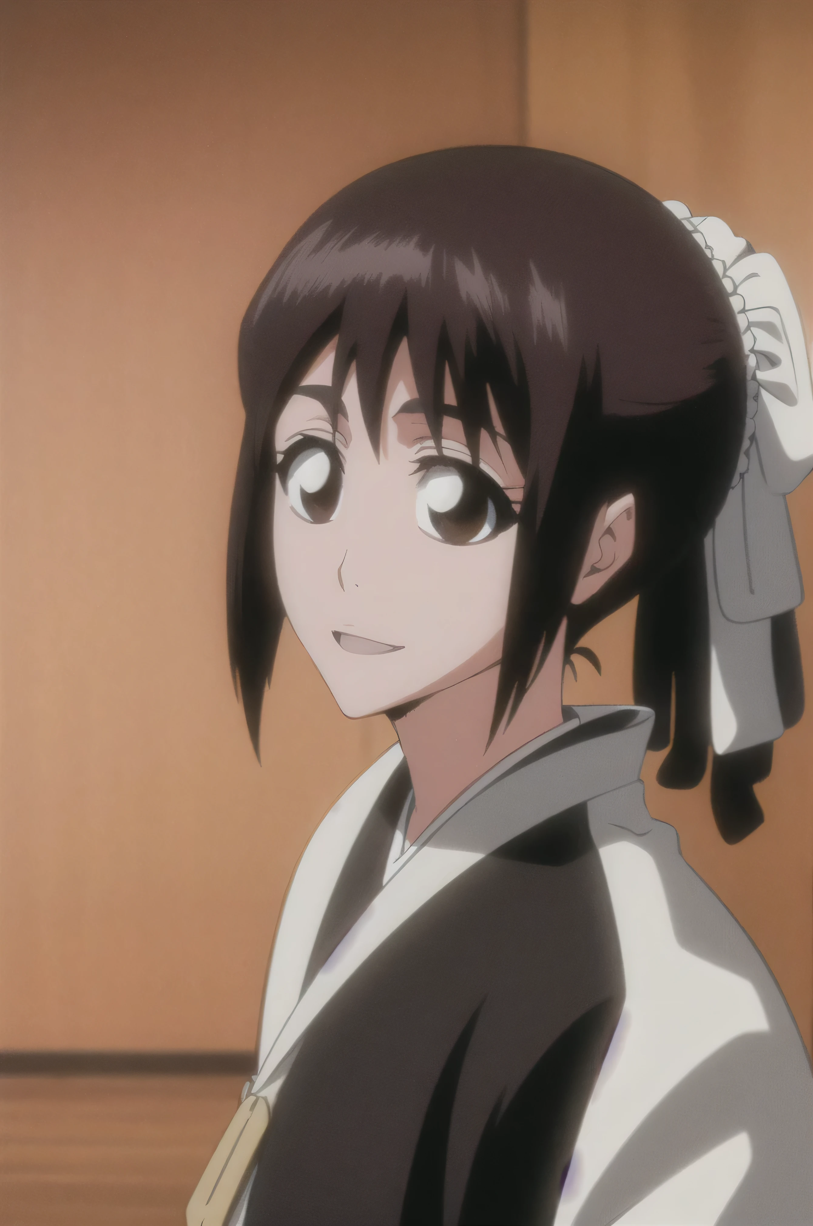 masterpiece, Highest quality ,
1 girl from the side , romantic love , black hair, single , ponytail, Vancouver, brown eyes,
Hair bangs,
kimono, white sleeveless coat ,Captain's coat without white sleeves, black kimono ,
smile, alone, I'm looking for , simple background ,