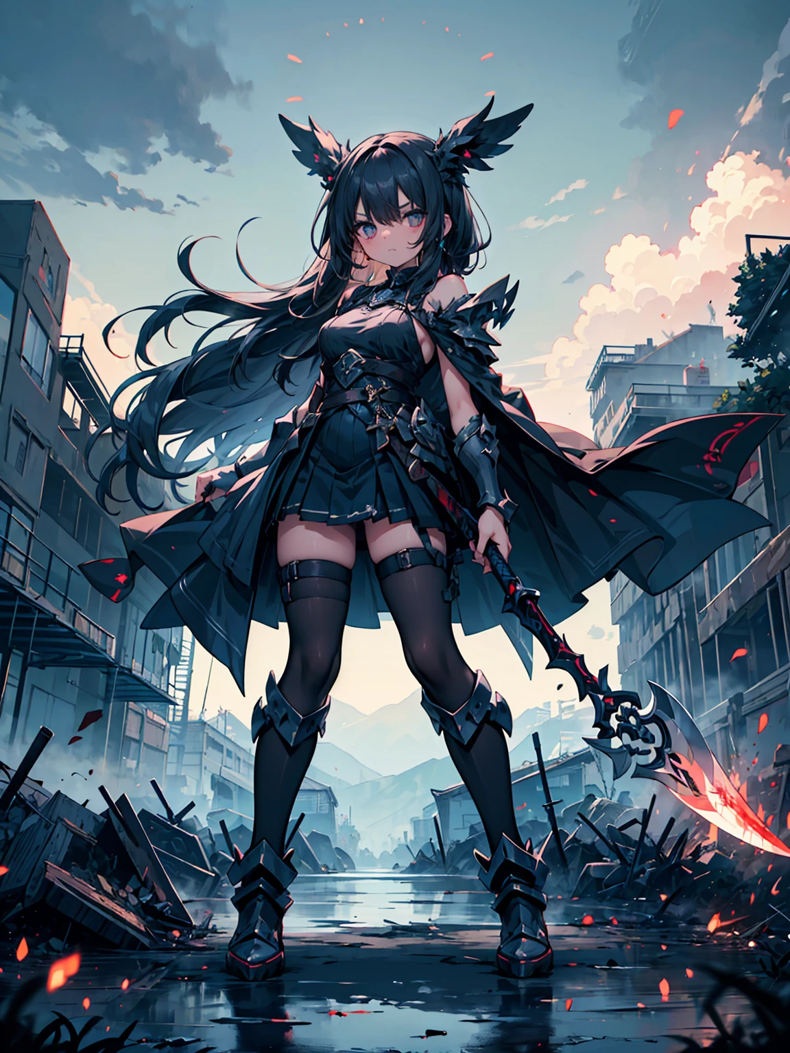 (((masterpiece, best quality, high detailed, 8k))) Design a layout showcase Gaming character, (1girl) Slender cute girl character with short stylish white hair and piercing eyes. She wears a demonic armor in purple, black, and white.  wields a large, stylized scythe. The character has a menacing expression, with a chaotic environment as the background. ((full body front view)). ((slender)), (extremely detailed:1.5), (long white hair:1.2), (piercing red eyes:1.2), (chaotic environment:1.1), (demonic armor:1.3), (stylized scythe:1.3).