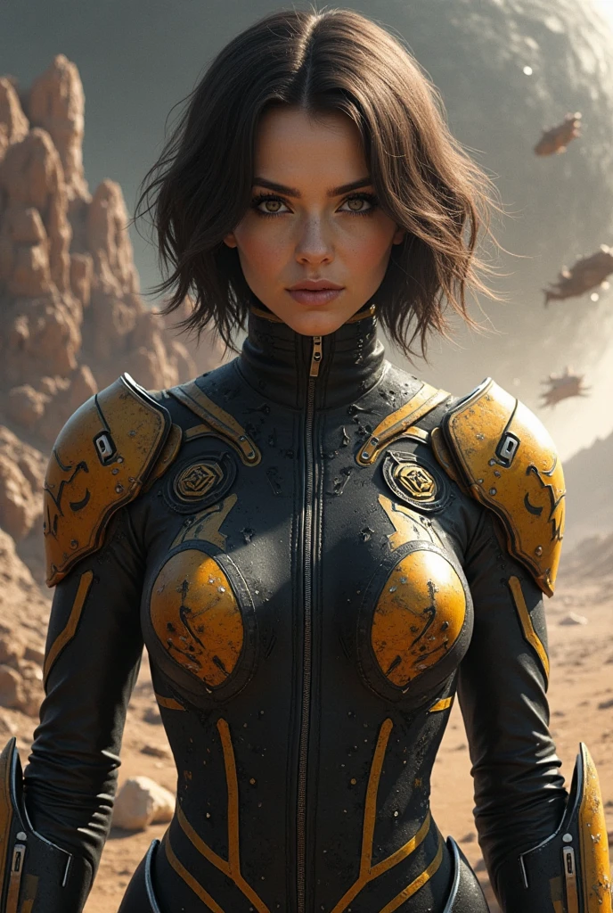 Woman in Wolverine costume, Realistic yellow and navy blue suit, suit with some wear, dirt and some cuts with dried blood, suit with some reinforcement, suit with sleeves, with the face completely visible, with a serious and slightly angry expression, SHOWING THE FANGS, with short and somewhat disheveled hair, with brown eyes, with three golden claws. full body image, in a white sand desert, in a combat pose.
With the top completely uncovered.