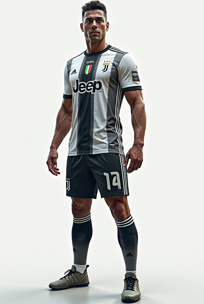 RAW photo,8k uhd,masterpiece, (photorealistic:1.4), best quality, beautiful lighting, 3D Art, C4D, OC render, 35mm lens, f/1.8, looking at viewer, Juventus Douglas Luiz, (full body:1.5),a man, professional soccer player, sports shorts, soccer socks, soccer shoes, soccer ball, man model standing pose, lively, handsome, (white background:1.5)