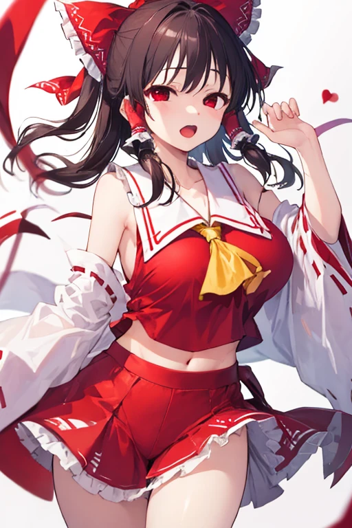 <lora:å
ä¸½çµæ¢¦:1>,1girl, hakurei_reimu, solo, bow, red_bow, hair_bow, navel, long_hair, red_eyes, detached_sleeves, simple_background, hair_tubes, white_background, ofuda, black_hair, red_skirt, skirt, ascot, sarashi, midriff, holding, looking_at_viewer, wide_sleeves, yellow_ascot, blush, :o, bangs, open_mouth, frilled_bow, sidelocks, frills, bare_shoulders, breasts, upper_body, nontraditional_miko, shirt, frilled_hair_tubes, red_shirt