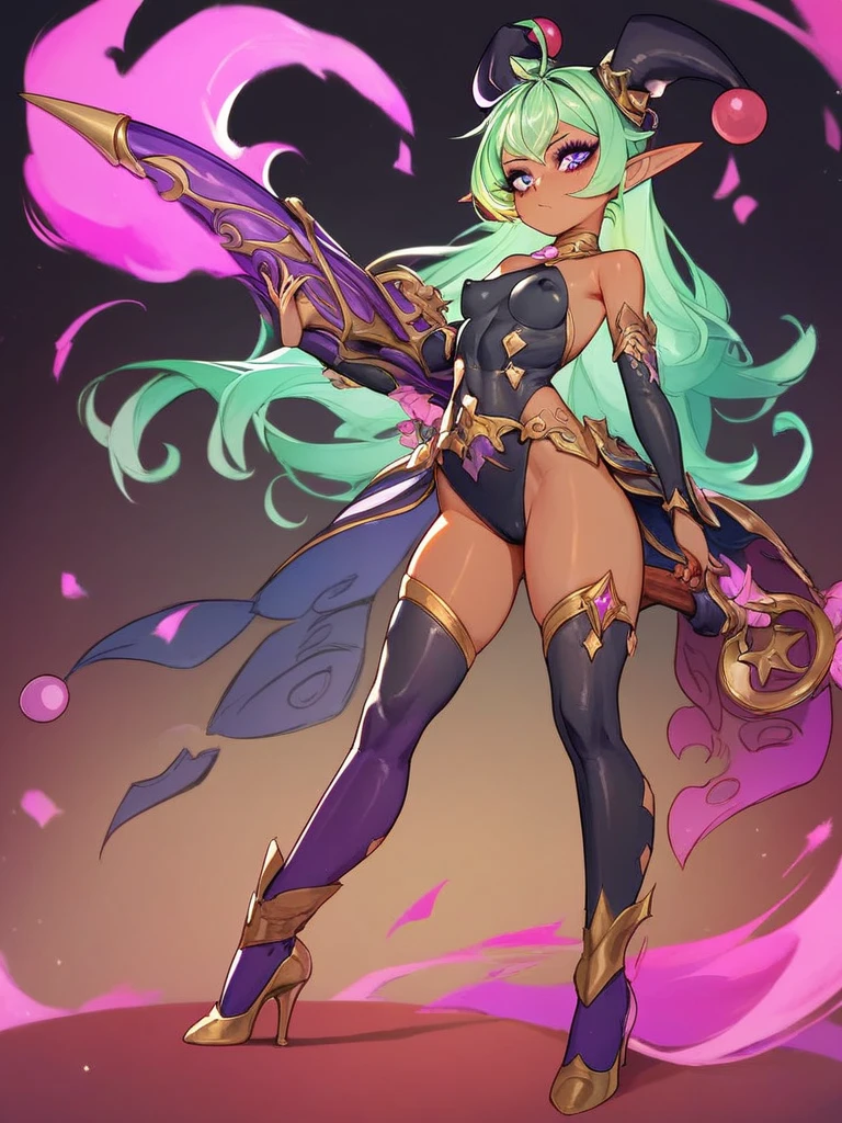 masterpiece, best quality, nowi_fe_default <lora:Nowi_fe_v1.6:.7> gloves, pink thighhighs, boots, short shorts, pink shorts, garter straps, circlet, cape, light green hair, purple eyes, parted bangs