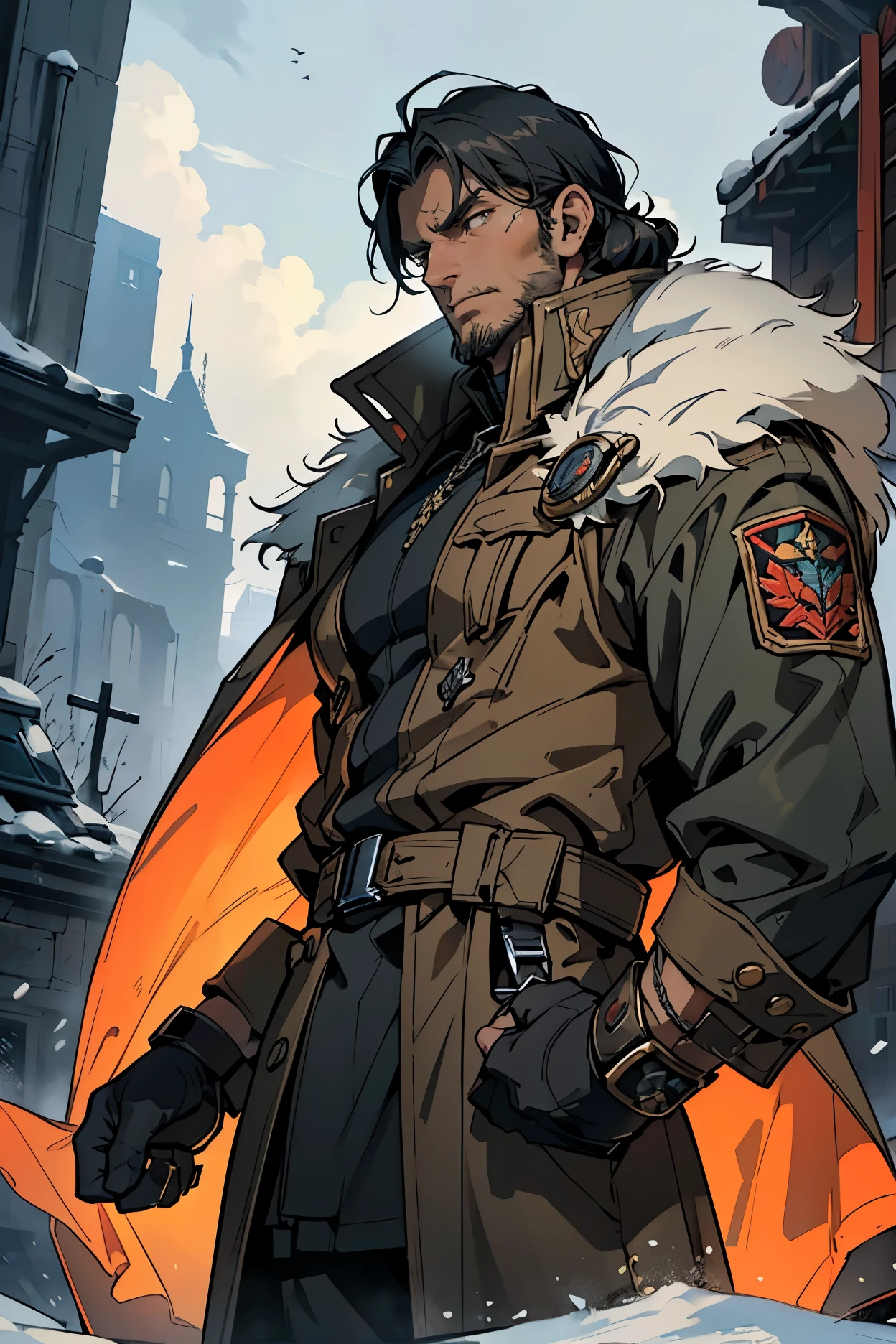 ((Best quality)), ((masterpiece)), ((realistic cartoon)), ((perfect character)):
In this stunning and highly detailed realistic cartoon, we present a male human. The man stands tall, a middle-aged man, stoic face, and he's a psyker and The Emperor older brother from Warhammer 40K, and powerfully built, he has tan skin, and long raven black hair. he had grey eyes, wore a old soviet military outfit from word war I, he have black lion skin coat over his shoulder, and had a strong balanced muscle body.
Every element of this masterpiece is carefully designed to create a sense of realism and immersion. The intricacies of the man's clothing, the mesmerizing effects of the area around him and he was in landscape in winter season, and the level of detail in his weathered face all contribute to a captivating visual experience. This artwork is presented in stunning UHD resolution, allowing you to appreciate every nuance and intricacy in breathtaking detail.
Eye level, scenic, masterpiece.