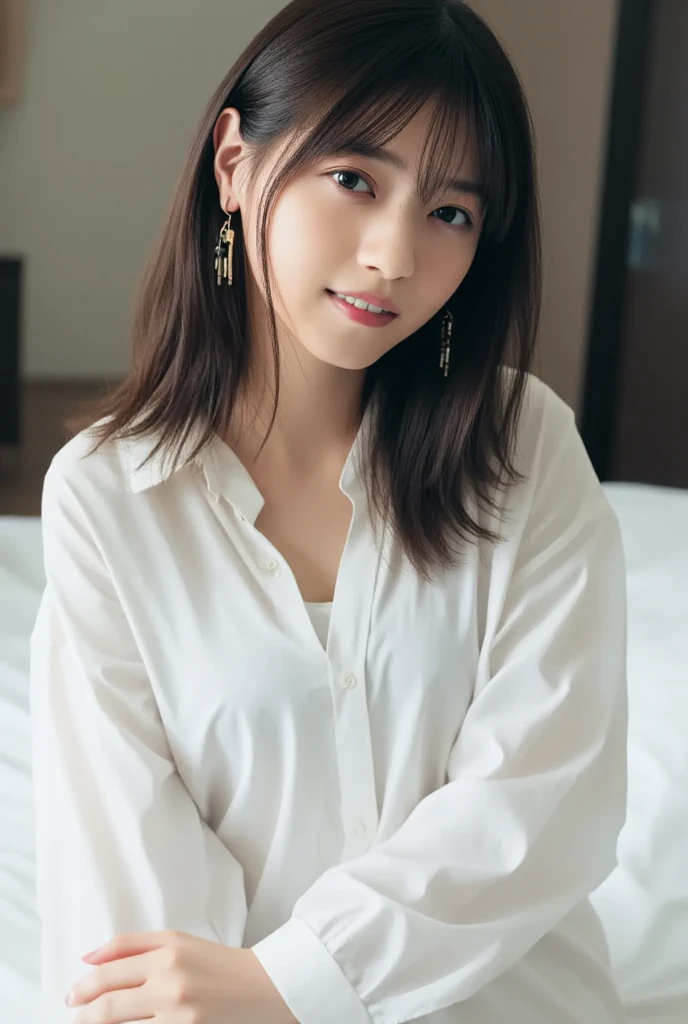 (RAW Photography、Top image quality、masterpiece:1.2)、(real picture:1.6)、(masterpiece)、(Top image quality:1.0)、(Ultra Hi-Res:1.0)、detaileds、age 40s、soio、Detailed beautiful skin、Detail room, ,real looking skin, middlebreast, top-quality, 超A high resolution, cute little, length hair, a smile, , white shirt, , sitting on a bed,
