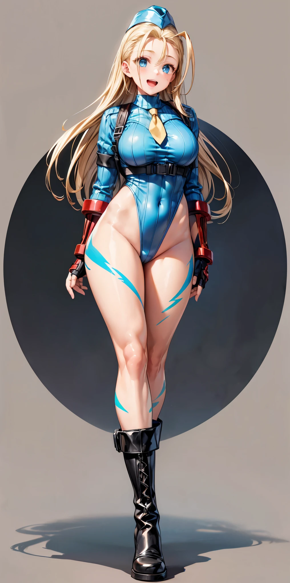 masterpiece、 high image quality、smiles、open mouth、(blonde long hair)、(standing:1.5、Hide both arms、 SFW Giant )、 blue eyes、 cammy white, long hair, blonde hair, antenna hair, garrison cap, blue headwear, blue eyes, scar on cheek, large breasts, yellow necktie, (blue leotard:1.5、harness belt、Belts Wrapped Around Thighs), long sleeves, fingerless gloves, bodypaint、(black long boots)