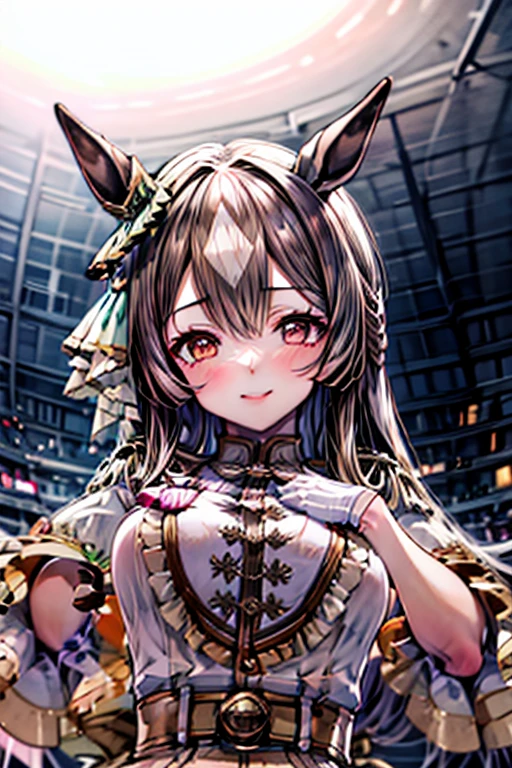 masterpiece, uhd, best quality, highres, 8k、shoot from above、upper body shot。solo、Alone、1Alone。Girl with horse ears、beautiful girl、flat chest。Smile。necklace。Light blue dress、sweater、Shoulder less、Attached sleeves、Thick Yarn、Mesh pattern、knitting、Veil、Veil、Scarf cloak。Hands on hips。breeze、cliff、Starry Sky。