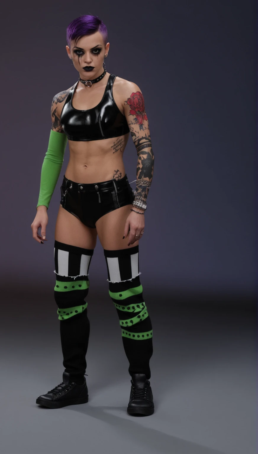 ((masterpiece, best quality)), (Punk Caucasian female wrestler in white bra and white cotton panties), short combed back hair, in a changing room, heavily tattooed, ear gouging, heavy makeup, black lipstick photo realistic, intricate details