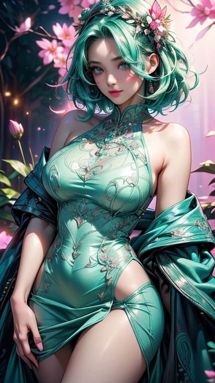 High quality, perfect anatomy, detailed illustration style, model pose, elf, one female, solo, short hair, multi-colored hair, topaz blue eyes, hanging eyes, glossy red lips, smiling, closed mouth, small breasts, halter neck sleeveless dress, abstract forest background