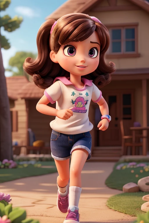 girl with brown hair with lighter highlights, green eyes wearing blue shorts and a blue and white tank top with the number eight
