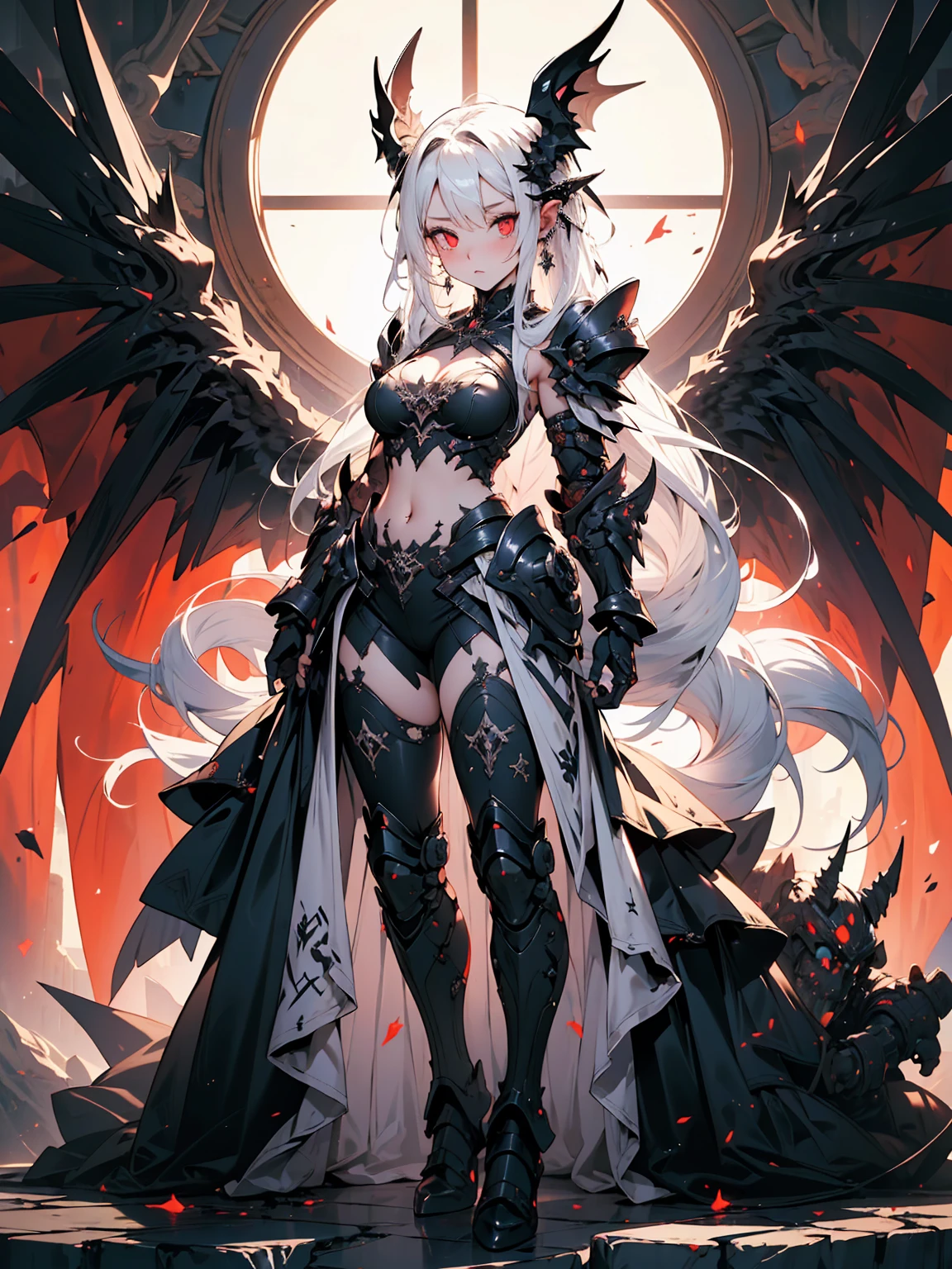 Grey skin, blood halo, Goddess, rare, cursed maiden, goddess armor, beautiful woman, long silver hair, red glowing eyes, grey skin, black wings, castle ruins,