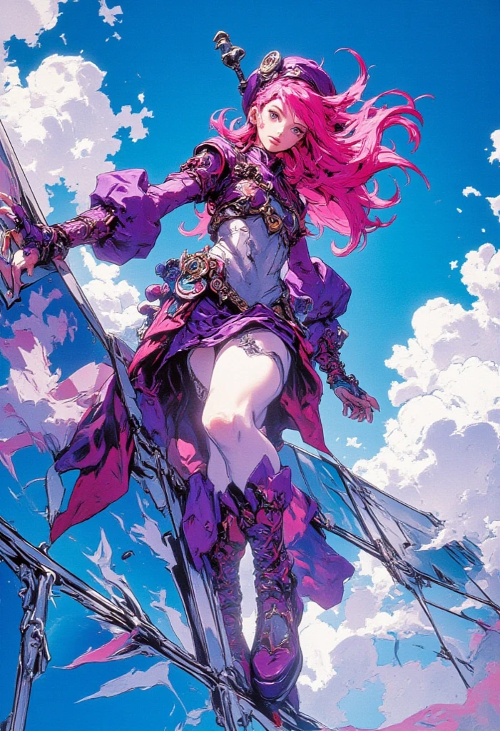 seraphine, league of legends, portrait, hot girl, POV, thick lines, beautiful face, detailed hair, long pink wavy hair, ((vivid color)), ocean blue eyes, beautiful eyes, purple dress, off-shoulder white shirt, stockings, looking at viewer, grin, beach, sea, best quality, masterpiece, extremely detailed, original, highres, 8k wallpaper, medium breasts, breast focus, blush, from below, depth of field, trending on Pixiv, far away --auto