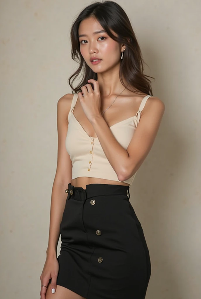 1girl 13 year old, solo, full body, short hair, ponytails hair, unbuttoned blouse, showing very small breasts, looking at viewer, blonde hair, brown eyes, jewelry, full body, mini skirt, necklace, lips, realistic, nose, flirting with camera