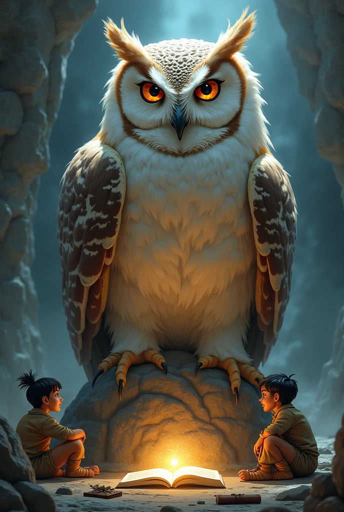 a boy with an owl head but human body and hands, short wings, wearing wizard clothes, with golden eyes, white feathers with brown tones, intricate details, highly detailed, 8k, photorealistic, digital art, art by artgerm and greg rutkowski, dramatic lighting, cinematic atmosphere, epic fantasy