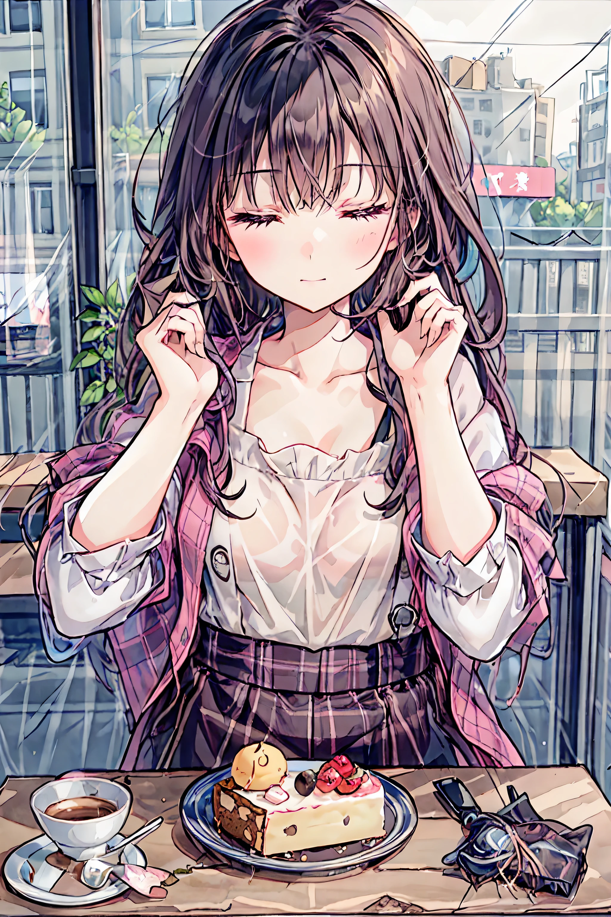 beautiful illustration, Best Quality, cute girls, Cafe, sitting, perfection,  cake, (colloquial heart), happy, in gold, close their eyes, casual clothes, collarbone, long hair, black hair
