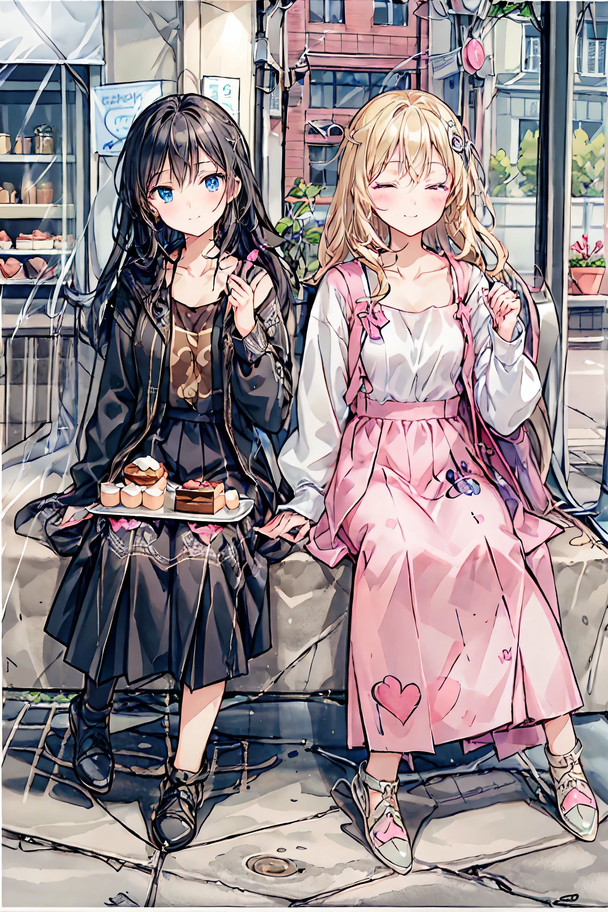 beautiful illustration, Best Quality, cute girls, Cafe, sitting, perfection, cake, (colloquial heart), happy, in gold, close their eyes, casual clothes, collarbone, long hair, black hair