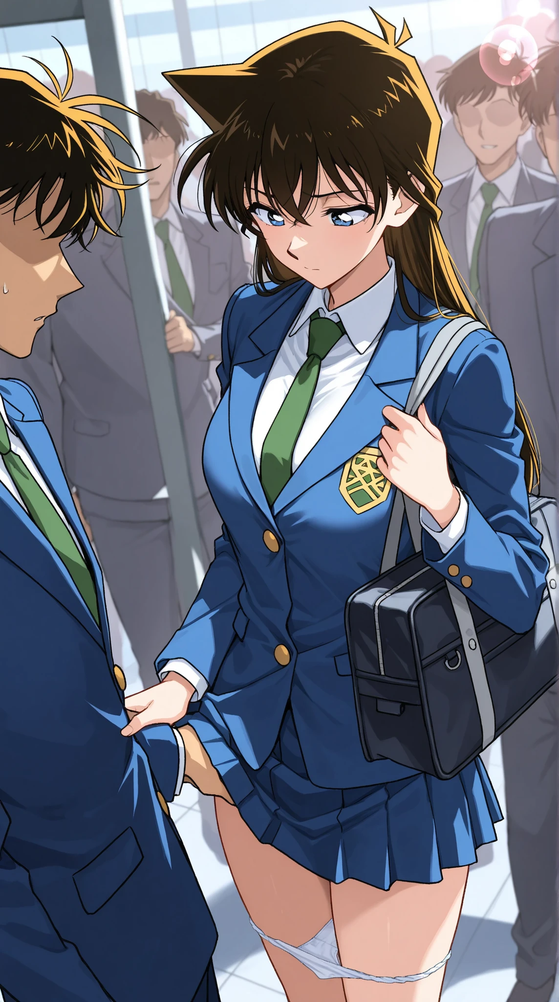 score_9, score_8_up, score_7_up,1 girl,Alone,unbelievable ,dylan,Detective Conan,black cock, blue eyes, long hair, chest, large chest, lens flare, medium chest,break,skirt, shirt, Long Sleeve, school uniform, jacket, white shirt, pleated skirt, tie, collared shirt, miniskirt, blue skirt, blazer from above the bar, blue jacket, green tie, white panties ,(Her Hand Holds Her School Bag Strongly:1.2),break,standing,,is embarrassing, The derogatory expression of ,Derogatory, is dazzling,(to divert your gaze:1.3),(look down),break,cowboy shooting, from behind in the garden , ,break,3 people,( Faceless Man:1.3),(sexual abuser by a male :1.2),(mens standing around her:1.3),男性が彼女のchestを掴む, A man grabs her butt, men grab her crotch ,( a crowd of faceless men )