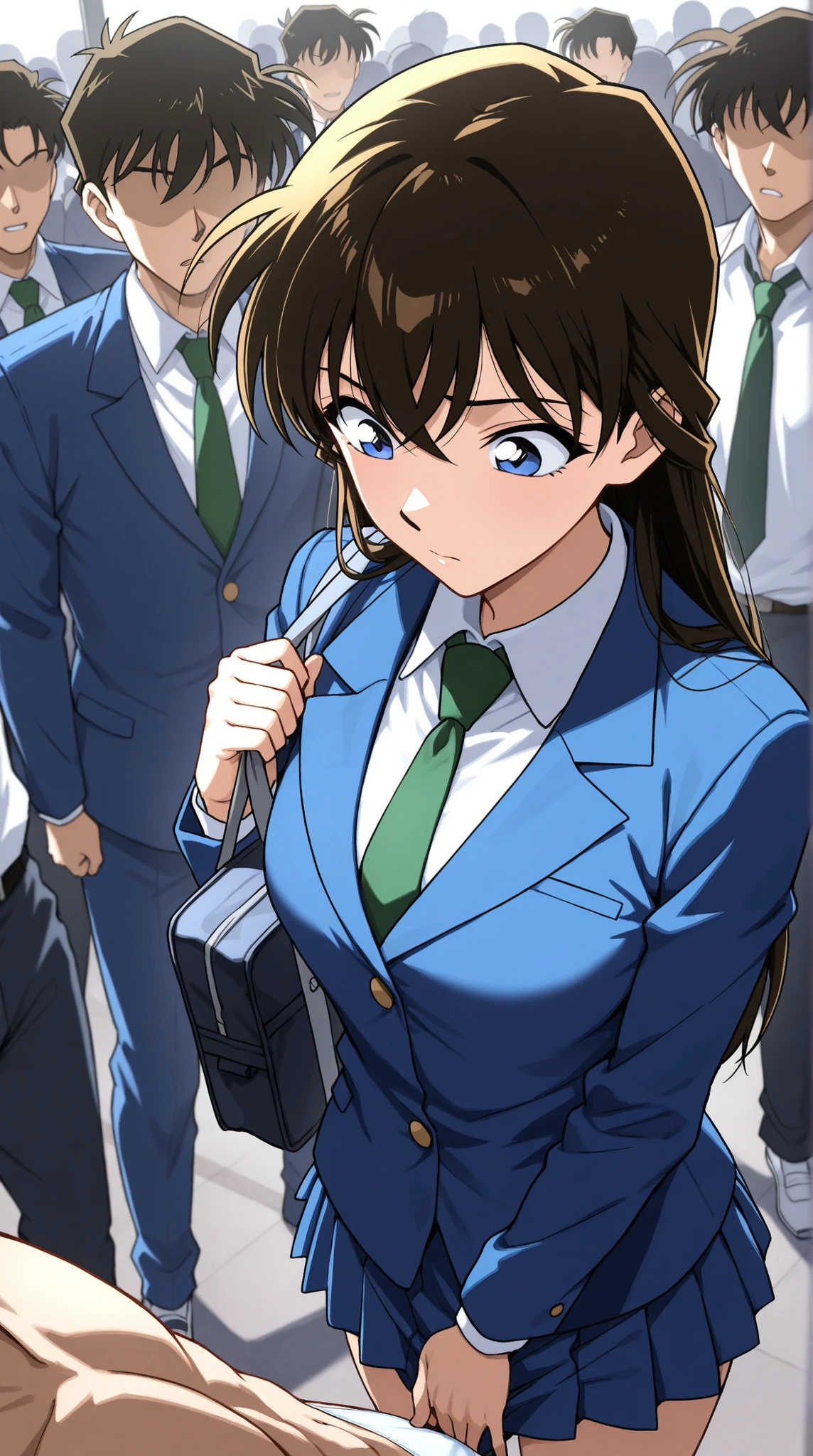 score_9, score_8_up, score_7_up,1 girl,Alone,unbelievable ,dylan,Detective Conan,black cock, blue eyes, long hair, chest, large chest, lens flare, medium chest,break,skirt, shirt, Long Sleeve, school uniform, jacket, white shirt, pleated skirt, tie, collared shirt, miniskirt, blue skirt, blazer from above the bar, blue jacket, green tie, white panties ,(Her Hand Holds Her School Bag Strongly:1.2),break,standing,,is embarrassing, The derogatory expression of ,Derogatory, is dazzling,(to divert your gaze:1.3),(look down),break,cowboy shooting, from behind in the garden , ,break,3 people,( Faceless Man:1.3),(sexual abuser by a male :1.2),(mens standing around her:1.3),男性が彼女のchestを掴む, A man grabs her butt, men grab her crotch ,( a crowd of faceless men )