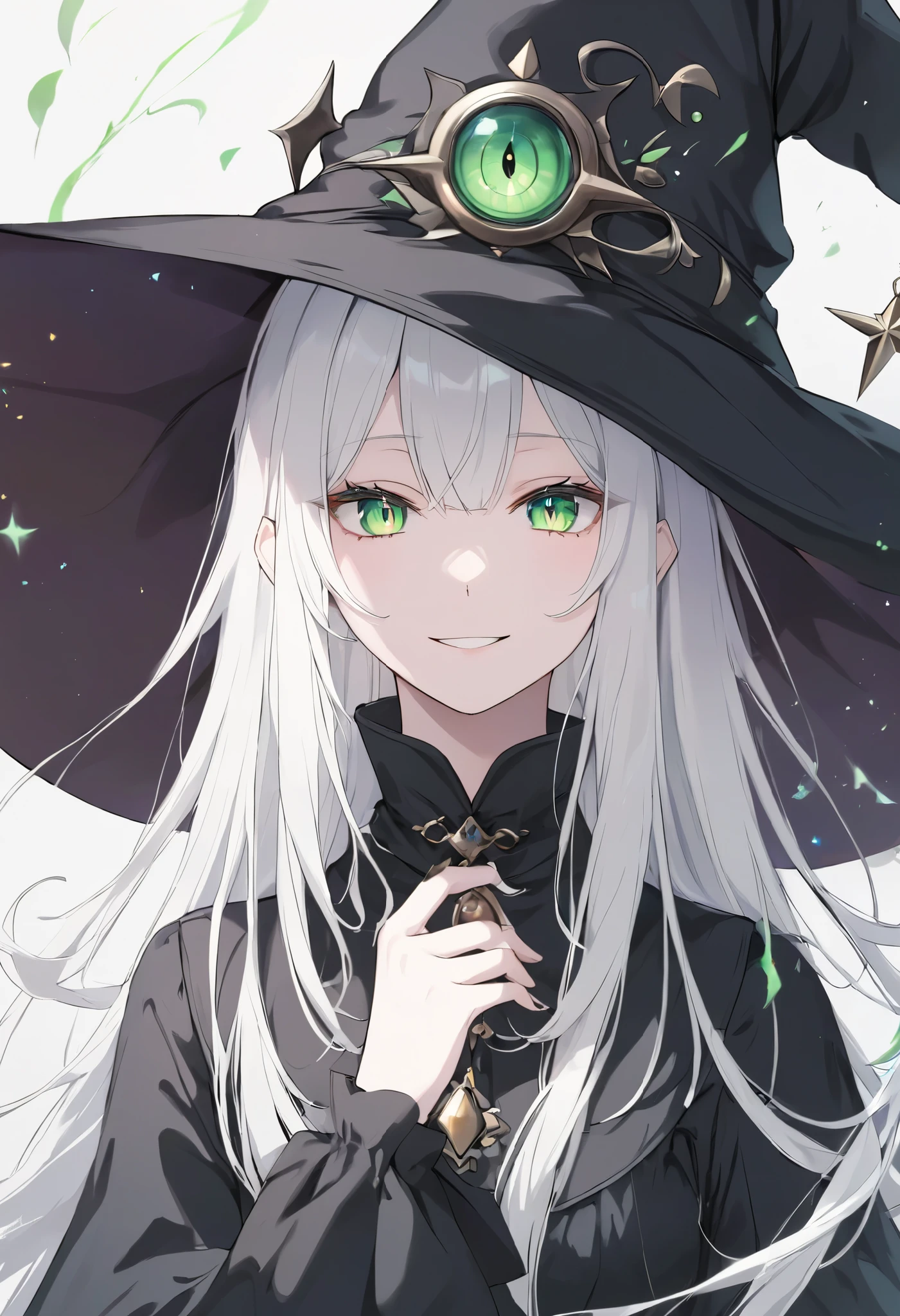 Beautiful, solo, long hair, white hair, green eyes, black shirt, black dress, witch, black pointed hat, magic eyes, smile facial