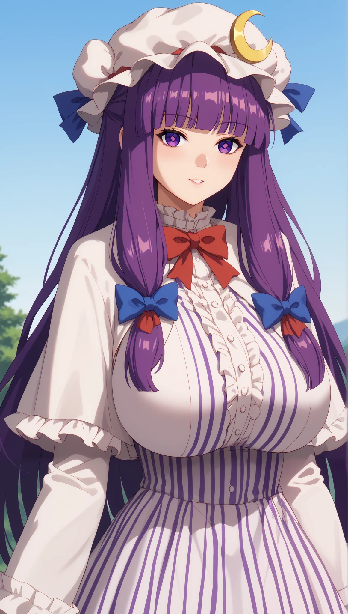 ,huge breast,Fern \(frieren: beyond journey's end\)
blunt bangs
bright pupils
purple eyes
long hair
purple hair
striped dress
striped clothes
frilled capelet
frilled sleeves
long sleeves
capelet
red bow
pink hat
pink dress
mob cap
hat
hair bow
dress
crescent pin
crescent
bow
blue bow
patchouli knowledge \(cosplay\)
patchouliknowledgecosplay