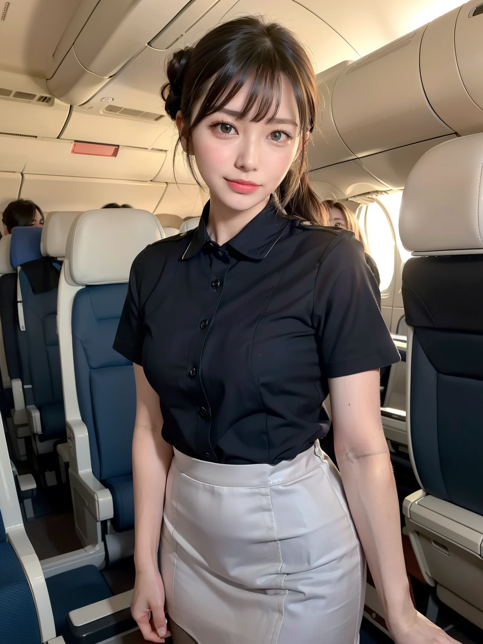 (8x_NMKD-Superscale_150000_G), (best quality), (high resolution), (masterpiece), (standing in airplane aisle), (((flight attendant))), ((short, black hair)), ((cute baby face))), ((24 years old, 1 beautiful girl)), ((collar around neck)), ((white shirt, panties, black socks)), Japanese