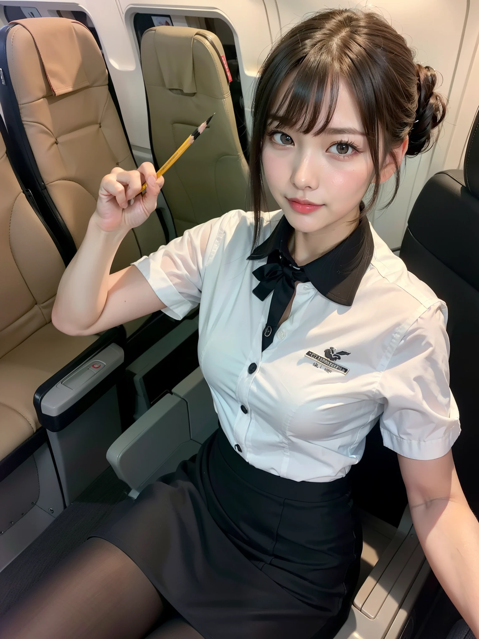 ((Best of the highest quality, 8k, Masterpiece, raw photo: 1.2)), (Sharp focus: 1.2), (1 AESPA, slim body type female, 21 y/o: 1.1), (solo: 1.28), (realistic, photo-realistic:1.37), cute face, finely eyes, (droopy eyes: 1.32), (Emphasize prominent aegyo-sal with bright: 1.2), shimmering eyeshadow applied under the lower lash line, paired with thick, (small breasts, flat chest, Thigh: 1.3), (short messy hair, bangs: 1.28), (flight attendant uniform blazer, ribbon, bra, panties: 1.32), walking, (airport terminal: 1.1), flower, (from below, hands up: 1.12)