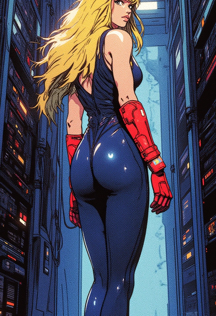 a digital painting of long-haired supergirl, cyberpunk art by Josan Gonzalez, winner of the behance contest, afrofuturism, synthwave, neon, shiny neon, thick thighs, thin waist, sensual, nsfw, little clothing, erotic art, anime, big ass, lightning coming out in one eye