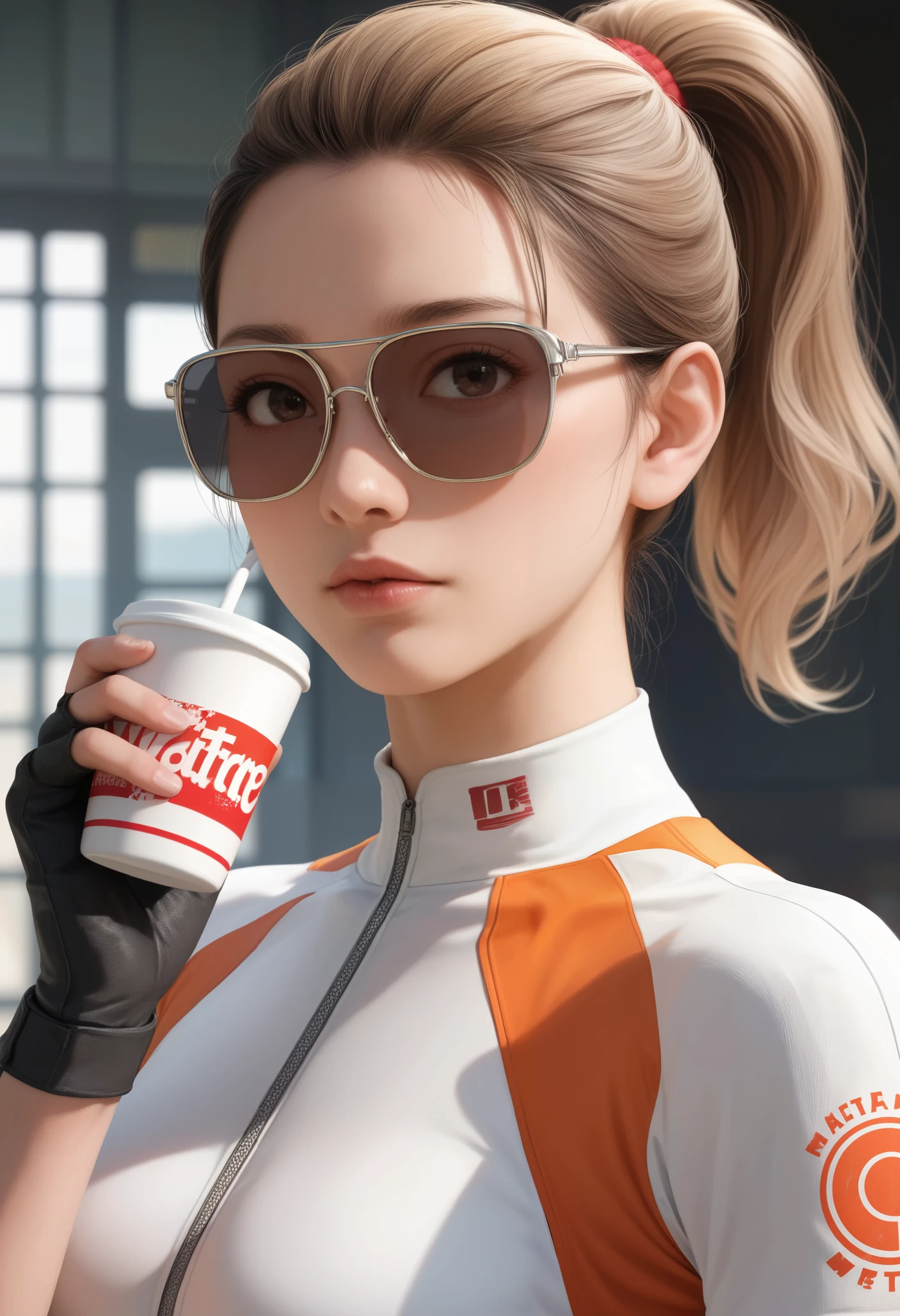 ((((masterpiece)))), (((( Highest quality)))), 8k,movie light,realistic texture,high image quality,fine grain, detailed face ,cute face,Alone,Japanese,beautiful lips,with a well-groomed face,light brown hair,short ponytail,sunglasses,rider suit, I cup bust,Fingerless gloves, Sports Hats