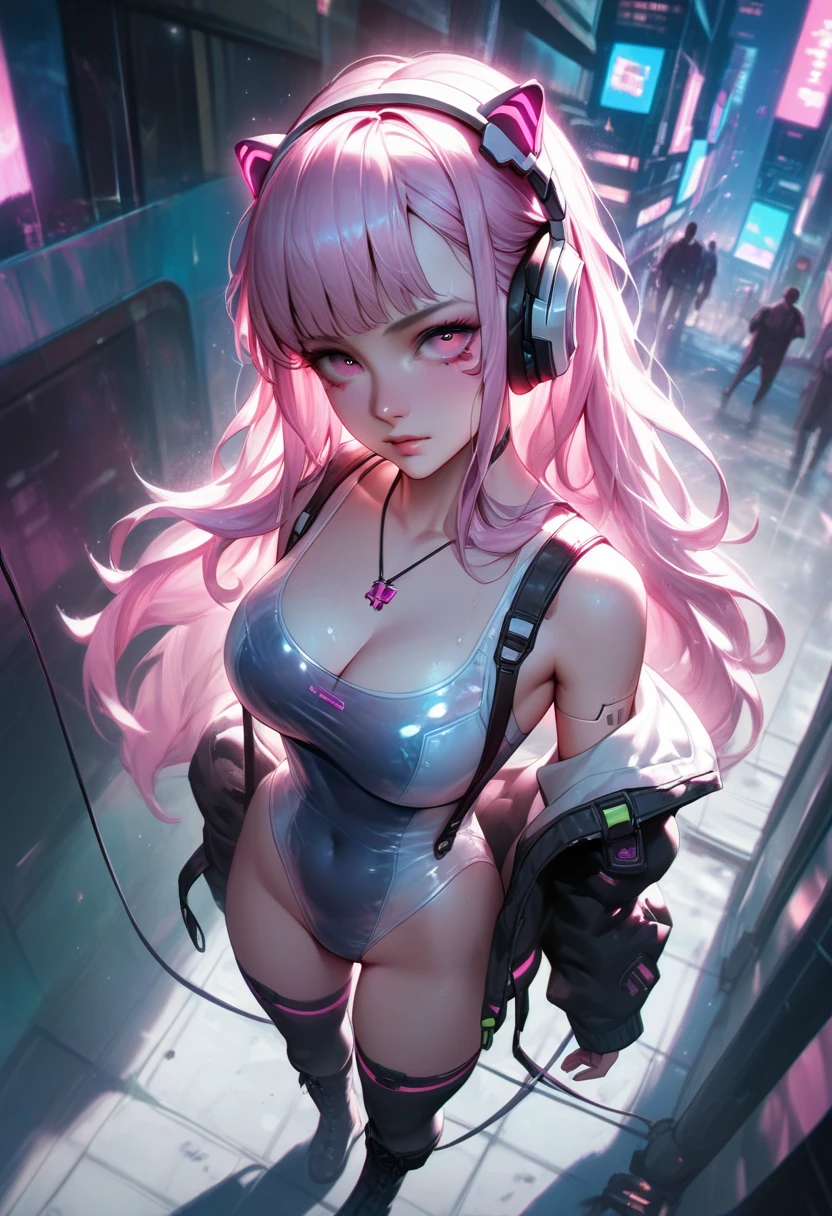 (8k, RAW photo, photorealistic:1.25) ,( lipgloss, eyelashes, gloss-face, glossy skin, best quality, ultra highres, depth of field, chromatic aberration, caustics, Broad lighting, natural shading,Kpop idol cyberpunk girl, very long pink hair in pigtails, moonlight eyes, blushing, accentuated super huge enormously gigantic tits, cleavage showing, cat ear headphones, Harajuku-inspired cyberpunk hip hop clothing, tattoo sleeves and piercings) looking at viewer with a serene and goddess-like happiness, cherry blossoms blowing in the wind