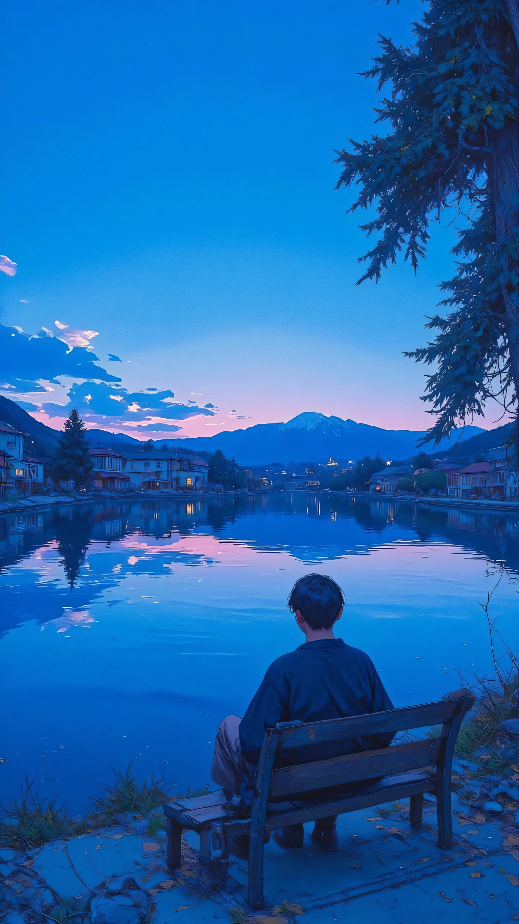 A man sits alone on a bench by the tranquil lakeside, viewed from behind, gazing at the still water reflecting the deep hues of the Blue Hour. The scene is immersed in a serene, dreamlike atmosphere, painted in a CMYK palette blending soft and vivid tones. Inspired by Makoto Shinkai’s breathtaking skies and Mamoru Hosoda’s warm storytelling, the landscape is a fusion of Conrad Roset’s delicate artistry and Moebius’ clean compositions. The vast open lake replaces the urban skyline, surrounded by gentle nature. The illustration is a full-color gouache painting with a textured, anime-style paper effect, evoking a nostalgic 90s anime aesthetic and the tranquil solitude of a Lofi-inspired moment