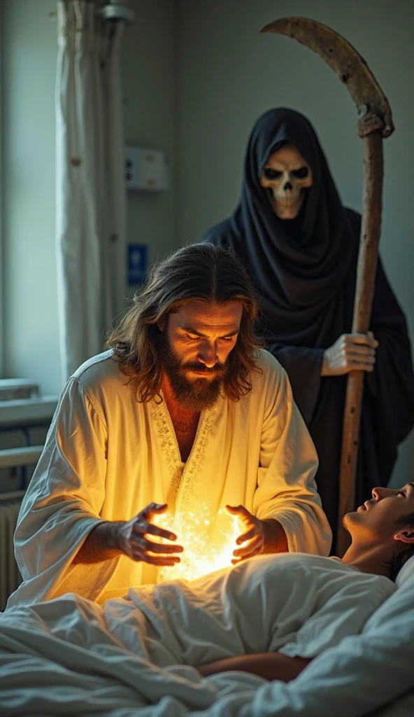 "Create a surreal image of a spiritual surgery taking place. A wrestler lies unconscious on a wooden table, his body bathed in an otherworldly glow. Standing beside him is a ghostly figure resembling a spiritual doctor, glowing faintly and surrounded by floating light orbs representing spiritual entities. The room is dark, with the only light coming from the entities and the doctor, giving the scene a mystical and slightly haunting atmosphere. The doctor's form should be somewhat blurry, suggesting his ethereal nature."