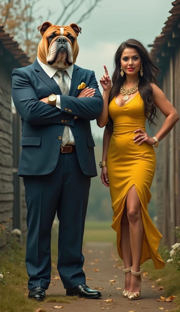 a fat, well-dressed man, wearing a tuxedo, has two beautiful and hot women by his side, posing.