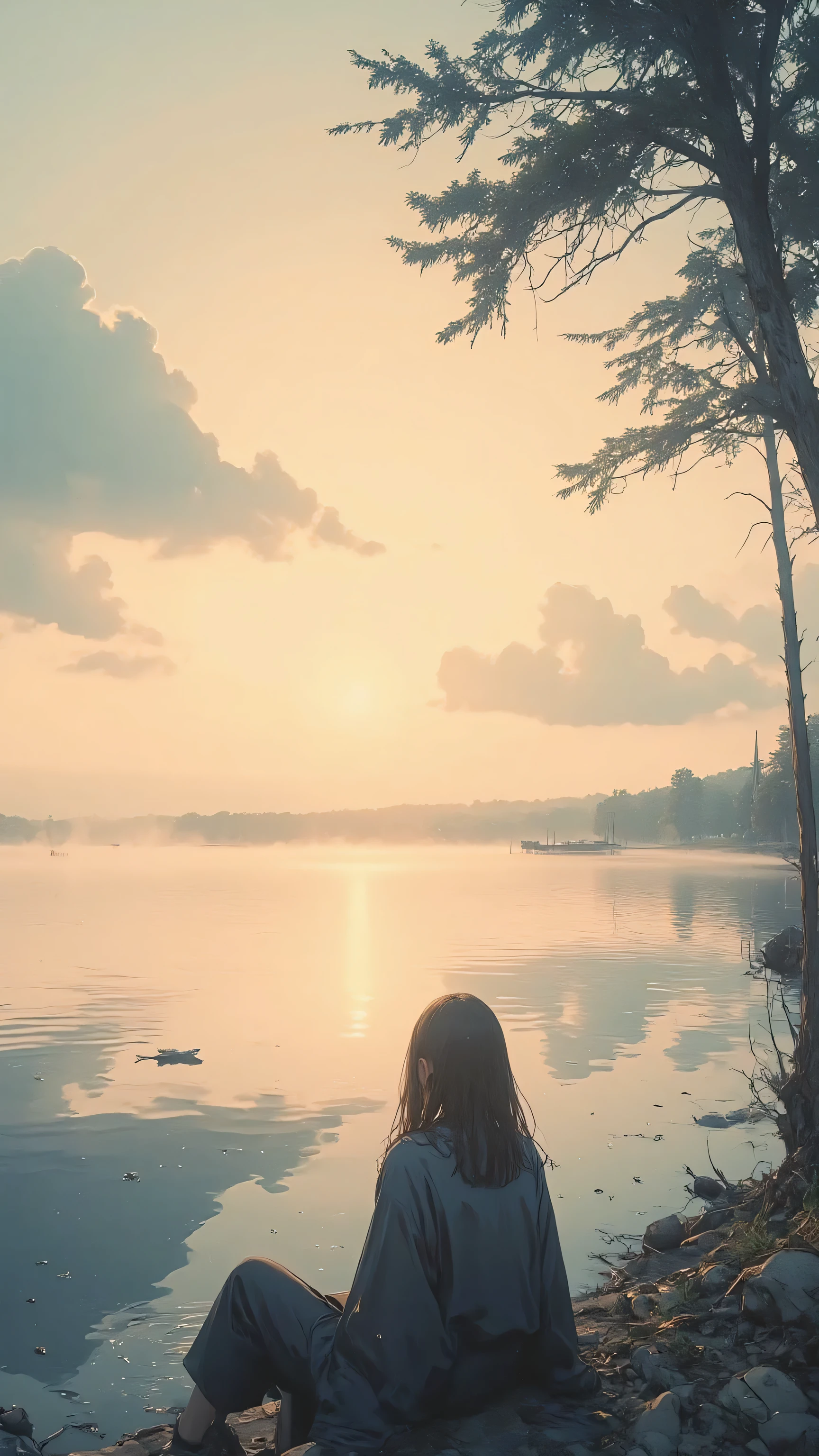 A lone figure sits by the peaceful lakeside, seen from behind, immersed in the golden hues of an early morning sunrise. The bench is not visible, making the figure feel seamlessly part of the tranquil scenery. The calm lake reflects the soft pastel sky, transitioning from warm oranges to gentle blues, with distant mist hovering over the water. Silhouetted trees sway slightly in the morning breeze. Inspired by Makoto Shinkai’s ethereal lighting, Mamoru Hosoda’s warmth, and the nostalgic charm of 90s anime aesthetics, the scene is painted in a soft CMYK palette with delicate 2D gouache textures, exuding serenity and solitude