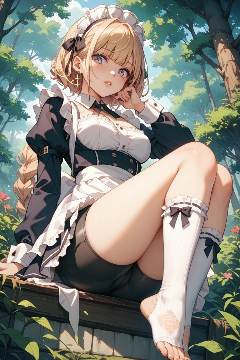 White knee-length stockings,Lace suspenders,bunnygirl,Bigboobs,Beige hair,without wearing shoes