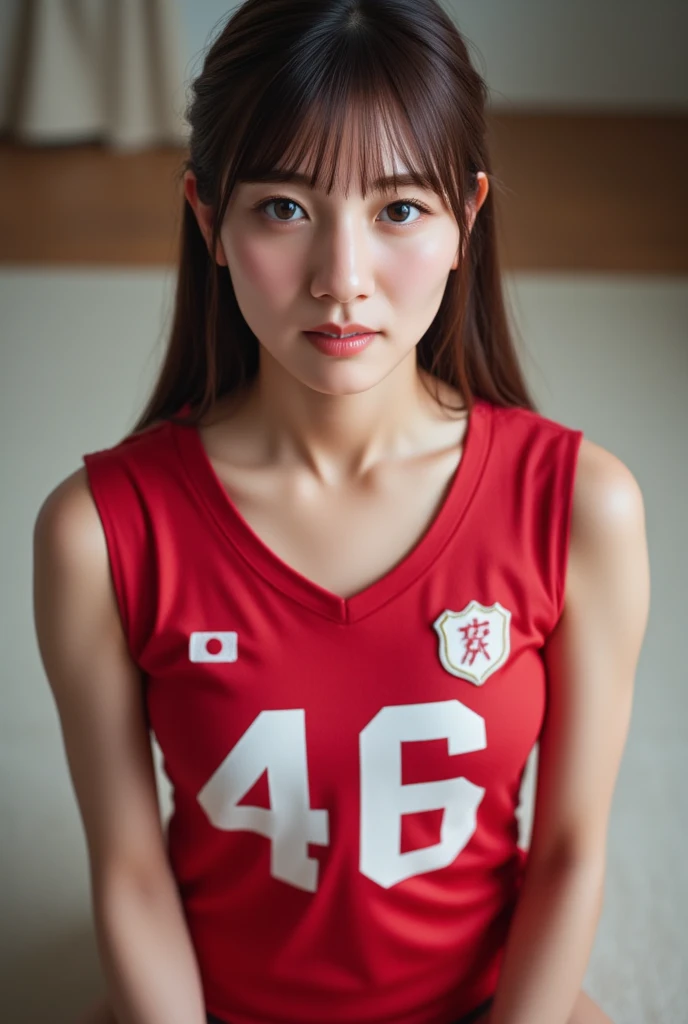 masutepiece, Best Quality, 8K, 10yaers old, Teen, Raw photo, absurderes, award winning portrait, Smile, Solo, Idol face, Delicate girl, Upper body, Digital SLR, Looking at Viewer, Candid, Sophisticated, Thin arms, Professional Lighting, Film grain, chromatic abberation, (Eyes and faces with detailed:1.0), (Bokeh:1.1) , Distant perspective , bed , laying on back , Perspective from above , closes mouth , Soccer Uniforms , A dark-haired , dishevled hair, tiny chest , Dressing