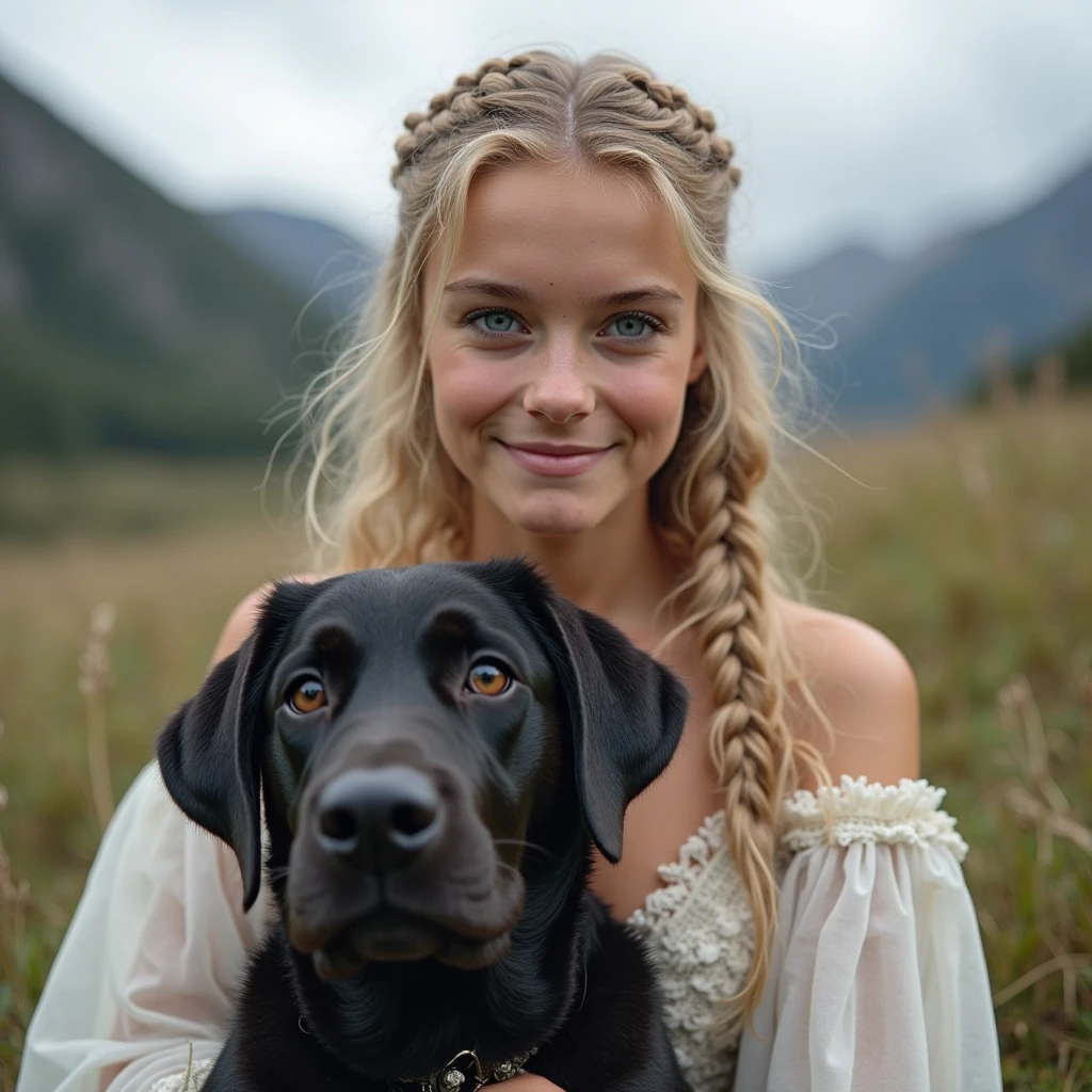 a young beautiful woman with blond pinned-up hair, Good, cuddles with a cute dog, Background is an autumnal meadow