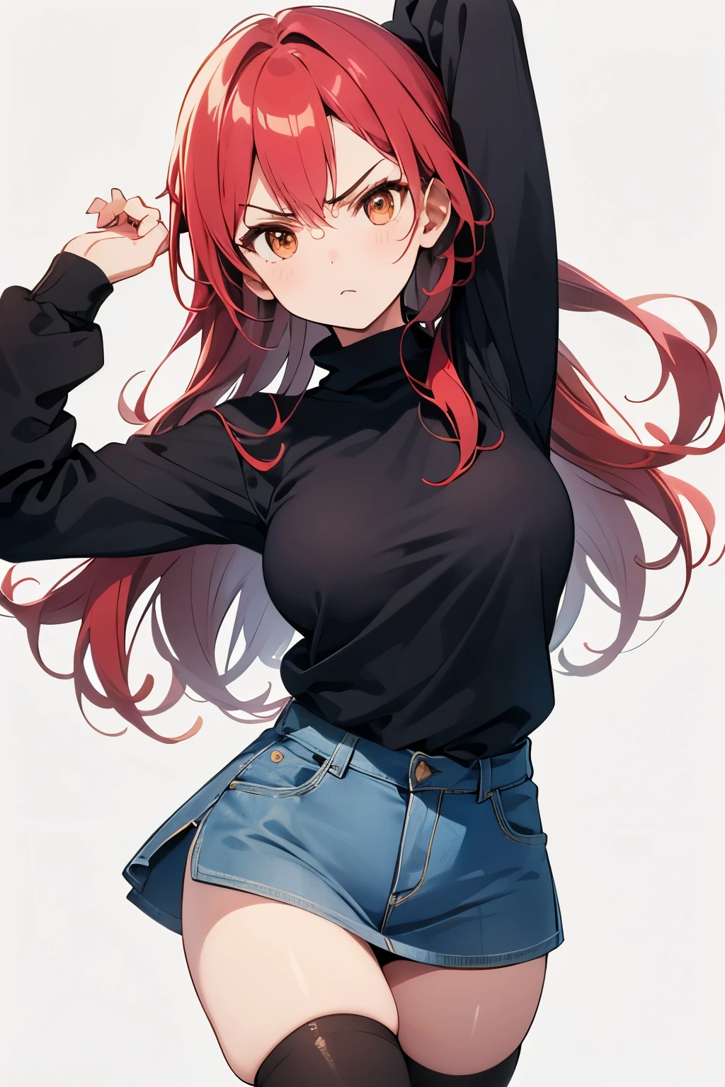 young MAN, medium length red wavy hair, green eyes, blushes, upturned short black skirt, fishnet tights, short red shirt, boy