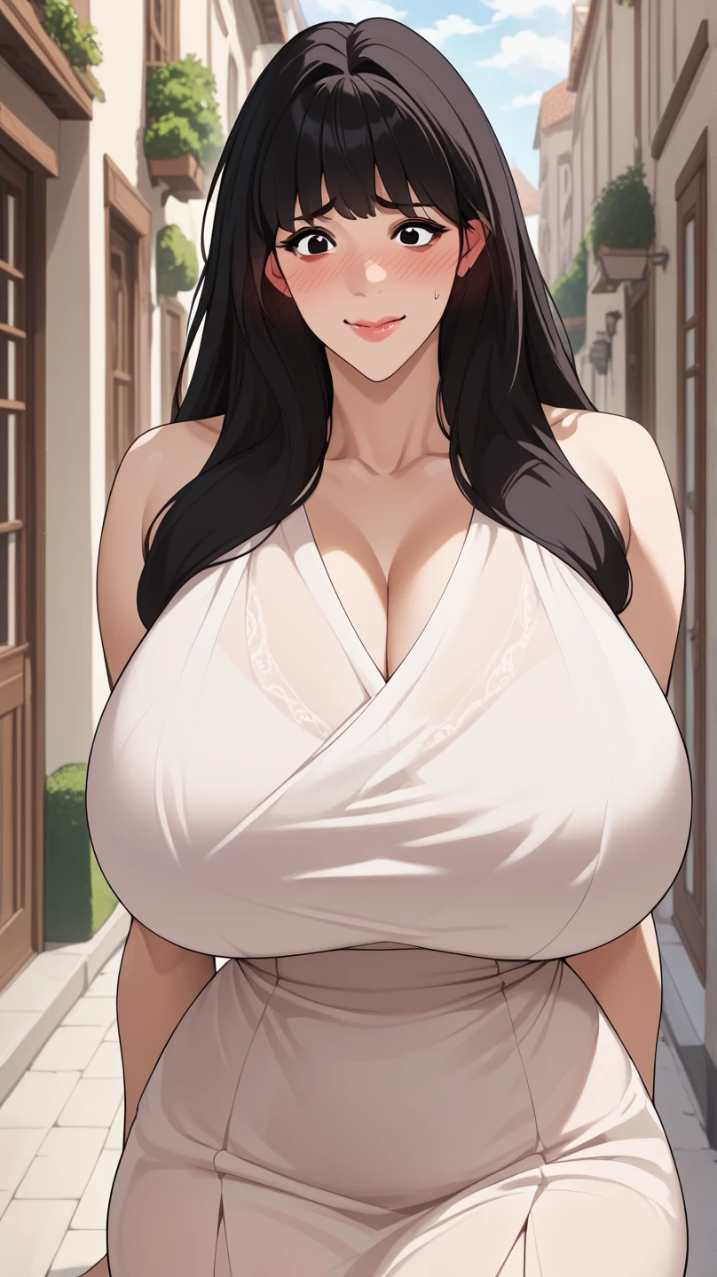Cute mommy,chubby cheek,realistic skin ,realistic breast, huge saggy breast, nipple out,muted colours, cold lighting, pale white skin, mature women,black hair, long hair, (hair over one eye:1.4), Messy hair,straight hair,hair between eyes ,sleepy eyes ,beautiful,pucker lips,charm,pubic hair pussy,dense pubic hair, cute shy blush on
