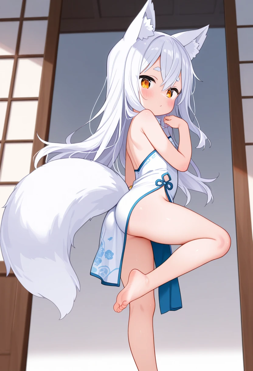 1girl, multiple colored hairs, smile, leaning forward, outside, posing, background, ponytail, (view from behind), 9 years old, (tomboy), slender, pert ass, high details, sharp detailed face, detailed eyes, young, long and wild hair, long hair, tattoo, tanned, cave, forest, very small breasts, fur, revealing outfit, ikuchan, pert ass, asscheeks, tribal tattoos, hot breath, moaning, open mouth, ((motion lines)), dimmed lighting, panting, sweating , outdoors, forest, sweat, teeth, girl with wolf ears and wolf tail, wild girl, animal girl, fangs, ((wolf girl)), (motion lines), nipples, gray hair, (wolf girl), hip sway, the girl is in heat, girl wants sex, solo,